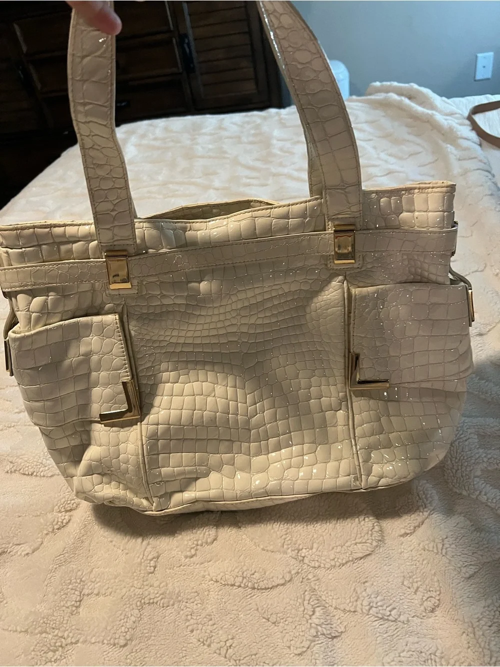 Michael Kors White Croc-Embossed Patent Shoulder Bag with Gold Hardware